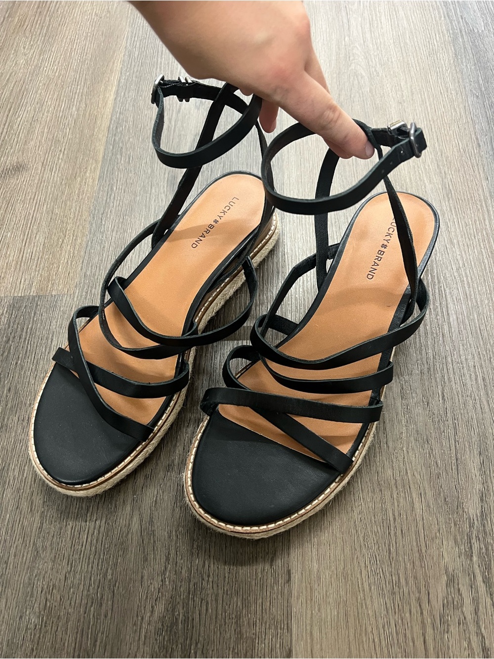 Lucky Brand Black Strappy Espadrille Wedge Sandals